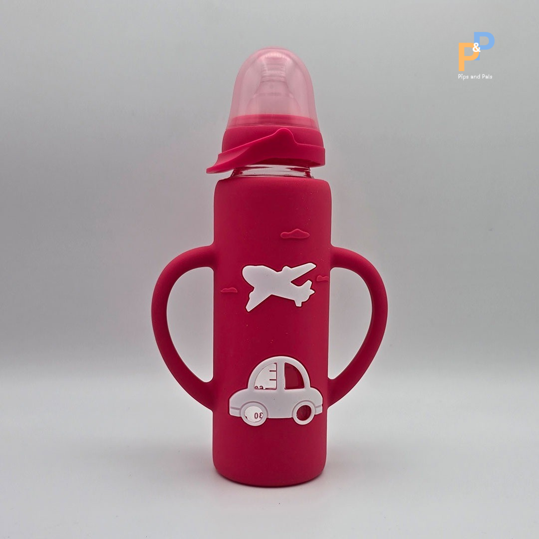 ALGO Baby Feeding Bottle – 120ml / 4oz Glass, BPA-Free with Cartoon Handle (Pink, Purple, Red)