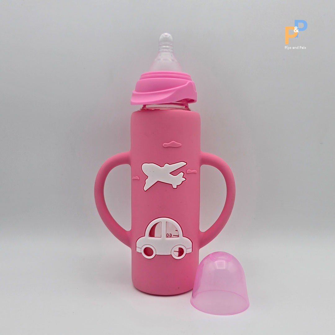 ALGO Baby Feeding Bottle – 120ml / 4oz Glass, BPA-Free with Cartoon Handle (Pink, Purple, Red)