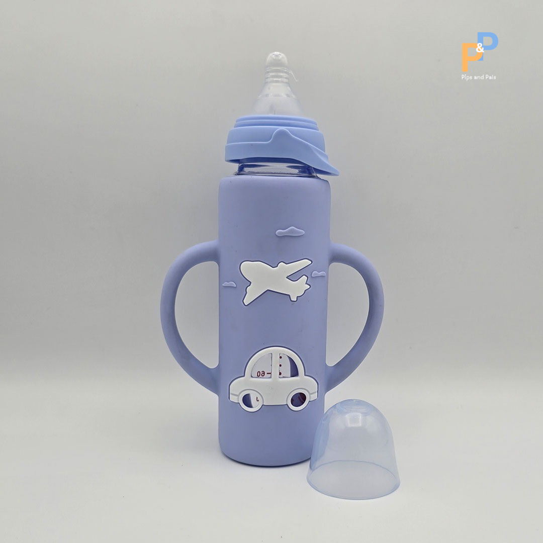 ALGO Baby Feeding Bottle – 120ml / 4oz Glass, BPA-Free with Cartoon Handle (Pink, Purple, Red)