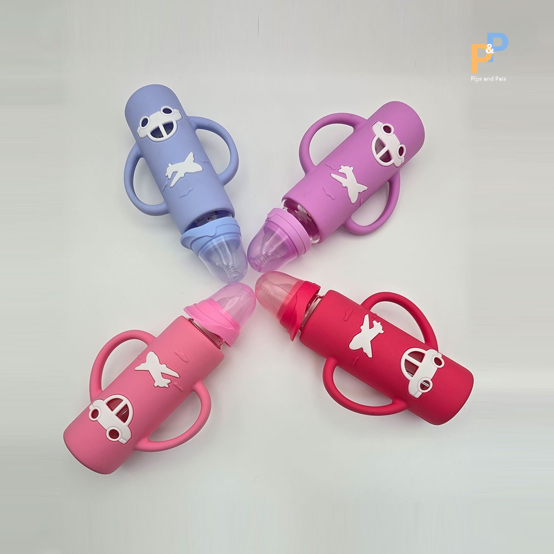 ALGO Baby Feeding Bottle – 120ml / 4oz Glass, BPA-Free with Cartoon Handle (Pink, Purple, Red)