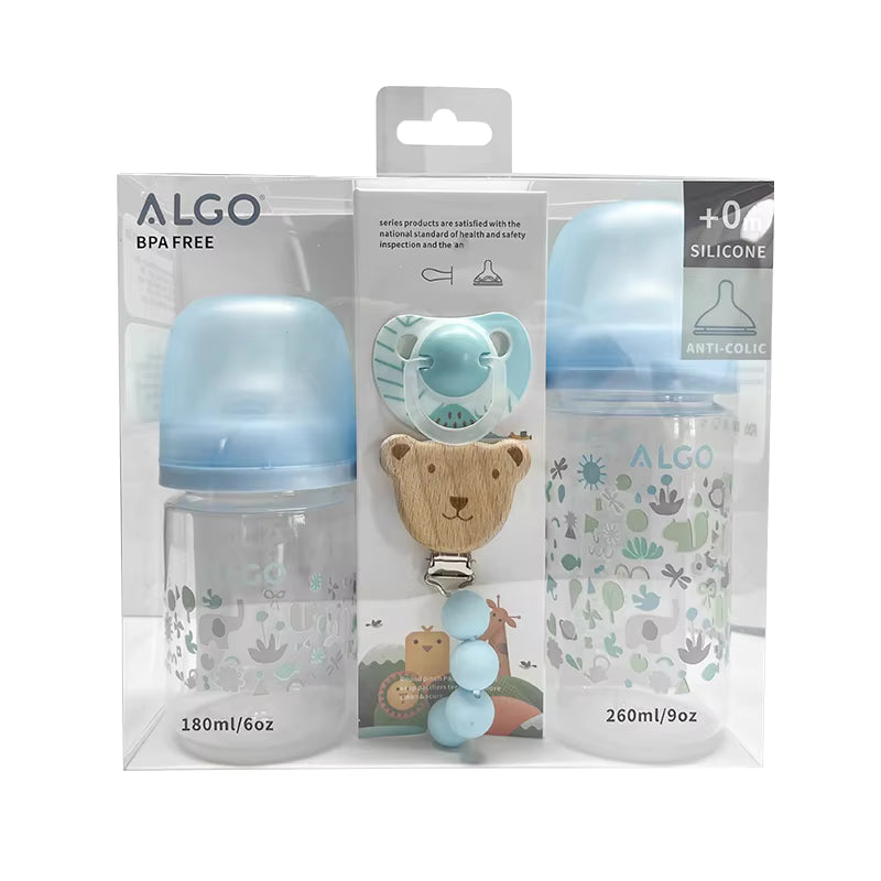 ALGO Newborn Baby Feeding Gift Set – 4 Pcs | BPA-Free Feeding Bottles, Pacifier & Clip, Newborn Baby Gift Set