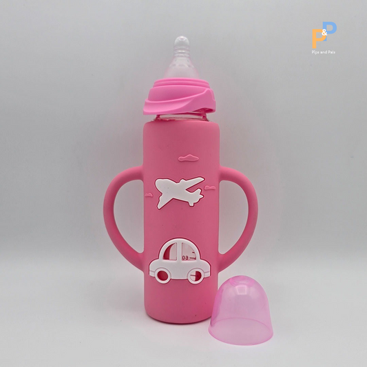 ALGO Baby Feeding Bottle – 120ml / 4oz Glass, BPA-Free with Cartoon Handle (Pink, Purple, Red)