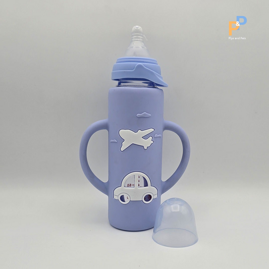 ALGO Baby Feeding Bottle – 120ml / 4oz Glass, BPA-Free with Cartoon Handle (Pink, Purple, Red)